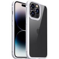 Ütésálló átlátszó tok szénszálas textúrával - iPhone 14 Pro - fehér