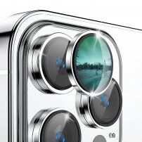 ENKAY edzett üveg fémkerettel a hátsó kamera lencséjének védelmére - iPhone 15 Pro / 15 Pro Max - ezüst