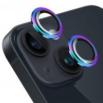 ENKAY edzett üveg fémkerettel a hátsó kamera lencséjének védelmére - iPhone 15 / 15 Plus - szivárvány mintás