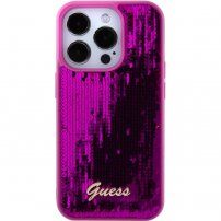 Guess Sequin Script Logo tok flitterekkel - iPhone 15 Pro - fukszia