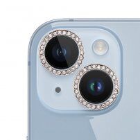 Edzett hátsó kamera lencsevédő üveg strasszkövekkel iPhone 15 / 15 Plus készülékhez - ezüst