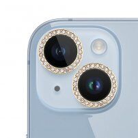 Edzett hátsó kamera lencsevédő üveg strasszkövekkel iPhone 15 / 15 Plus készülékhez - arany