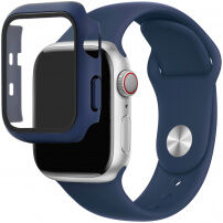 Szilikon szíj edzett üveg tokkal - Apple Watch 38mm - sötétkék