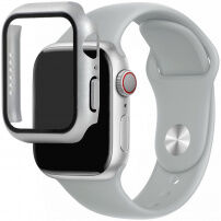 Szilikon szíj edzett üveg tokkal - Apple Watch 45mm / 44mm - világos szürke