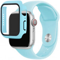 Szilikon szíj edzett üveg tokkal - Apple Watch 45mm / 44mm - világoskék