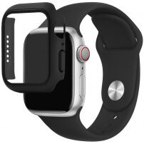 Szilikon szíj edzett üveg tokkal - Apple Watch 45mm / 44mm - fekete