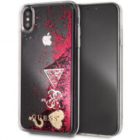 Guess Glitter Case Hearts tok iPhone XS Max - málna piros