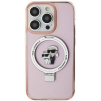 Karl Lagerfeld Ringstand Karl and Choupette Flip Cover és MagSafe iPhone 15 Pro készülékhez - rózsaszín