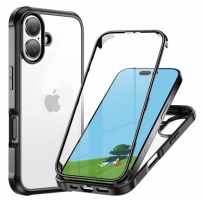 Behajtható tok kerettel és edzett üveggel iPhone 16 Plus-hoz - fekete
