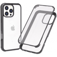 Behajtható tok kerettel és edzett üveggel iPhone 16 Pro-hoz - fekete