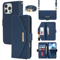 Pénztárca-stílusú flip tok szíjjal iPhone 16 Pro készülékhez - sötétkék