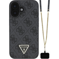 Guess 4G strassz háromszög fém logós tok szíjjal iPhone 16-hoz - szürke