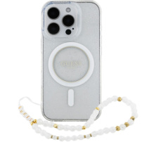 Guess IML Glitter Beads pántos tok hurokkal és MagSafe iPhone 16 Pro Max készülékhez - ezüst