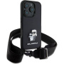 Karl Lagerfeld Saffiano Crossbody fém Karl és Choupette tok állítható pánttal iPhone 16 Pro készülékhez - fekete