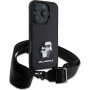 Karl Lagerfeld Saffiano Crossbody fém Karl és Choupette tok állítható pánttal iPhone 16 Pro Max készülékhez - fekete