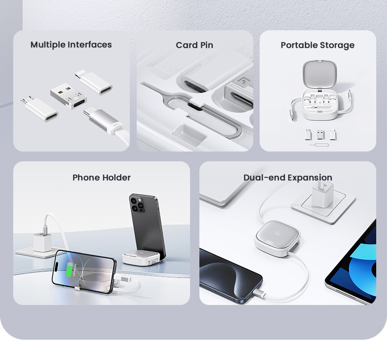 USAMS US-SJ650 készlet visszahúzható USB-C kábelekkel, adapterekkel és tűvel - fekete
