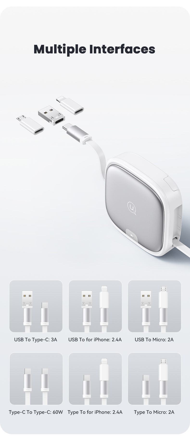 USAMS US-SJ650 készlet visszahúzható USB-C kábelekkel, adapterekkel és tűvel - fekete