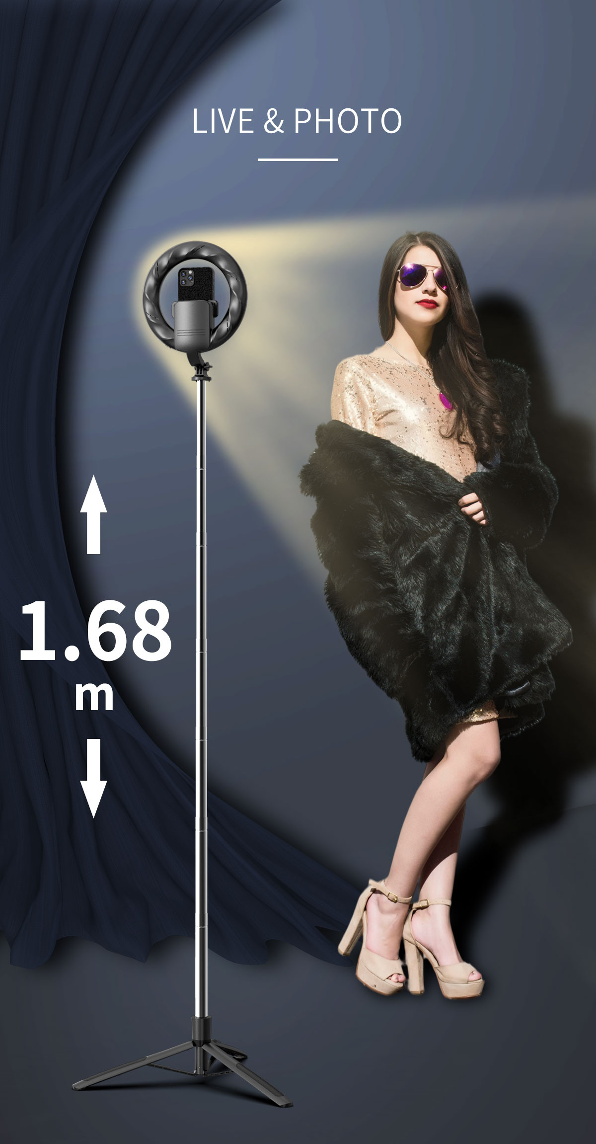Q05s Bluetooth szelfi stick állvánnyal és integrált gyűrűs lámpával iPhone-hoz - fekete