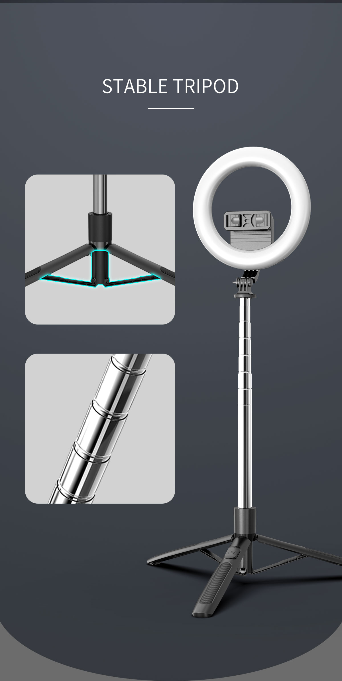 Q05s Bluetooth szelfi stick állvánnyal és integrált gyűrűs lámpával iPhone-hoz - fekete