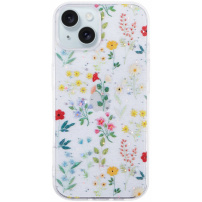 Csillogó átlátszó borító iPhone 15-höz - virágzó rét