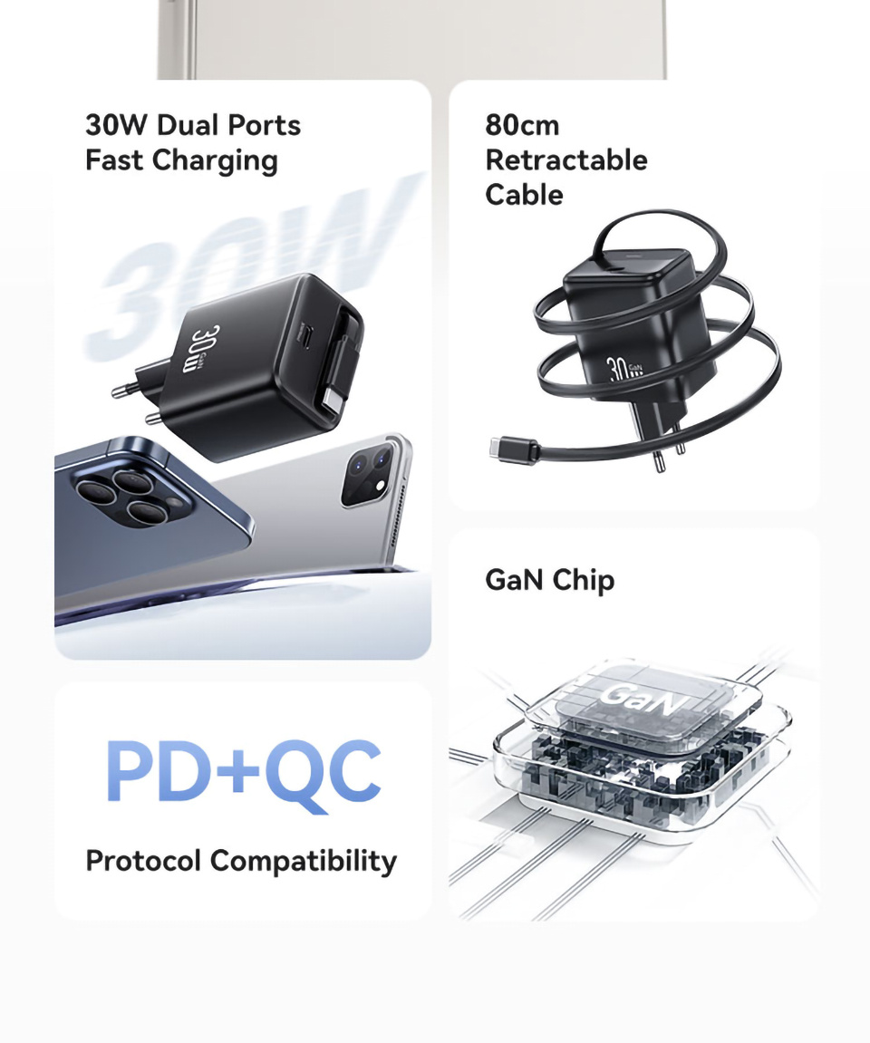 USAMS CC241 adapter szett USB-C porttal és kihúzható USB-C kábellel - 30W - fehér