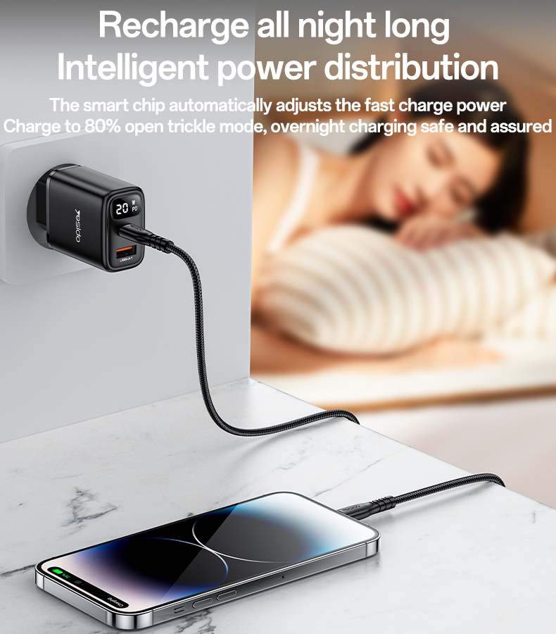 Yesido YC68 töltő adapter kijelzővel és USB-C / USB-A portokkal - 20W - fekete