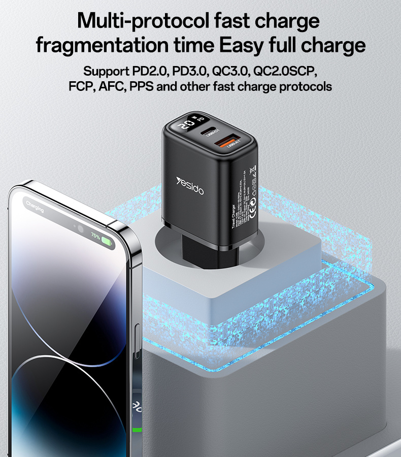 Yesido YC68 töltő adapter kijelzővel és USB-C / USB-A portokkal - 20W - fekete Yesido YC68 töltő adapter kijelzővel és USB-C / USB-A portokkal - 20W - fekete