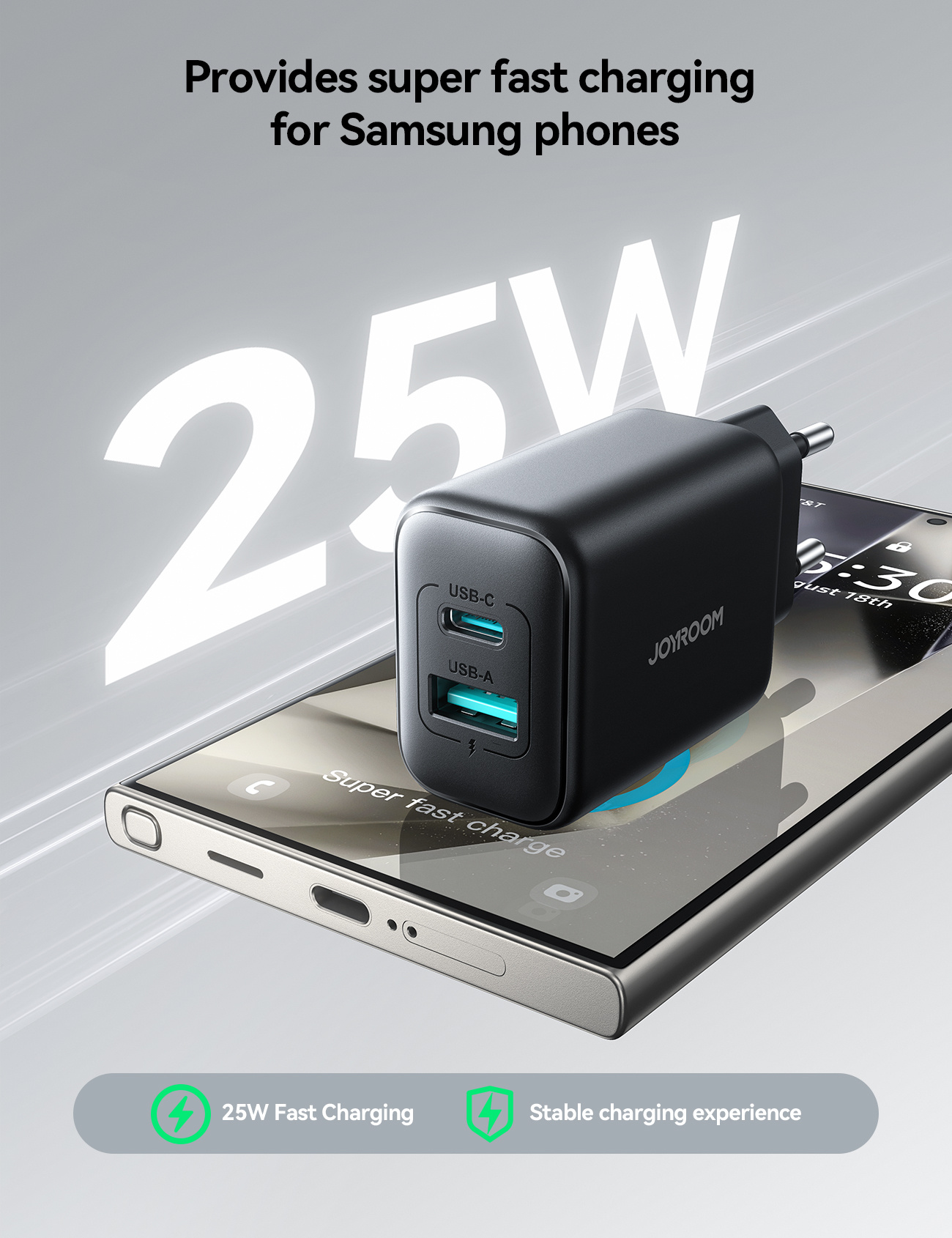 JOYROOM JR-TCF13 gyorstöltő adapter USB-C / USB-A portokkal - 25W - fekete