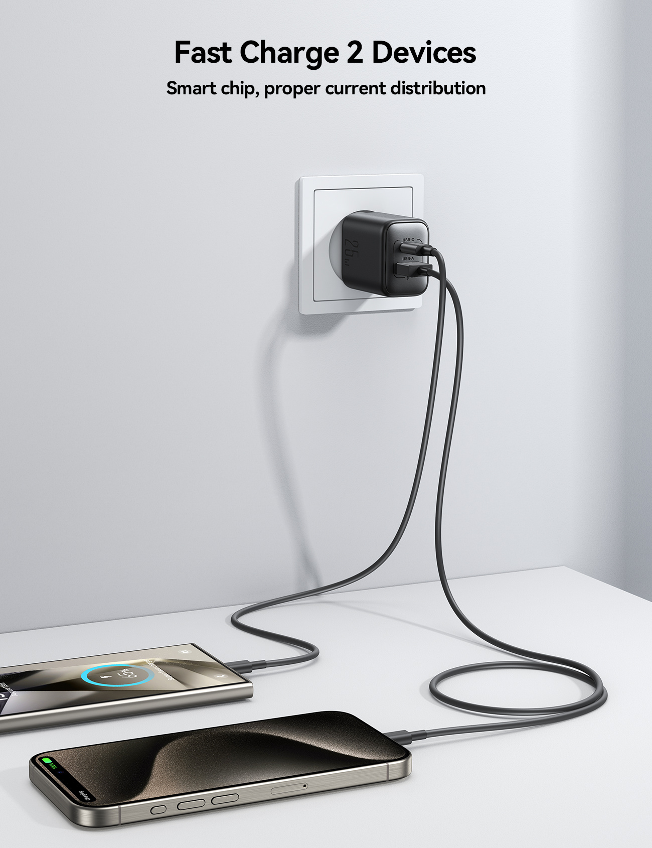 JOYROOM JR-TCF13 gyorstöltő adapter USB-C / USB-A portokkal - 25W - fekete