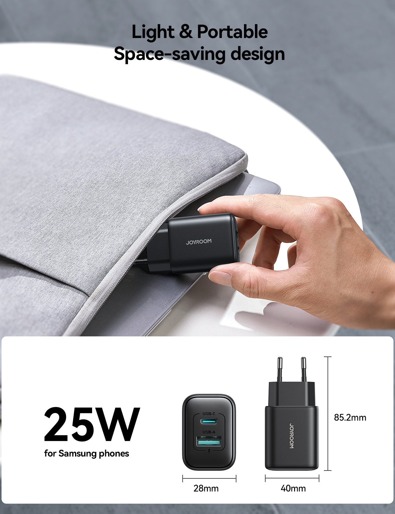 JOYROOM JR-TCF13 gyorstöltő adapter USB-C / USB-A portokkal - 25W - fekete