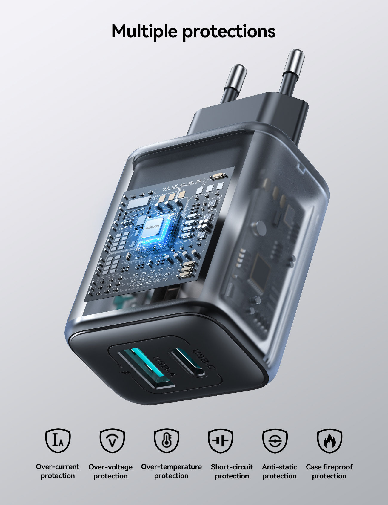 JOYROOM JR-TCF13 gyorstöltő adapter USB-C / USB-A portokkal - 25W - fekete