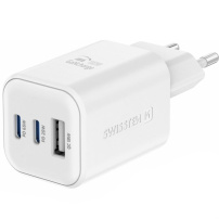 Swissten GaN töltő adapter 2x USB-C / USB-A porttal - 65W - fehér
