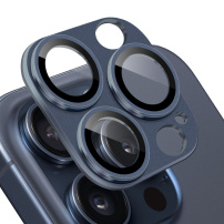 NORTHJO edzett üveg fém kerettel az iPhone 15 Pro / 15 Pro Max fényképezőgép lencséi védelmére - sötétkék