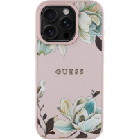 Guess Grained Magnolia virágmintás tok MagSafe-fel iPhone 16 Pro készülékhez - rózsaszín