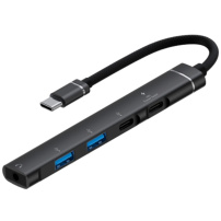 OTG-019X 5 az 1-ben hub - 3,5 mm-es jack / 2x USB-C / 2x USB-A - USB-C-hez - sötétszürke