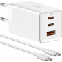 Baseus GaN5 Pro gyorstöltő adapter szett 2x USB-C / USB-A porttal és USB-C - USB-C kábellel - 65W - 1 m - fehér