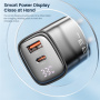 Toocki TCT33 GaN gyorstöltő adapter kijelzővel és USB-C / USB-A portokkal - 33W - fekete