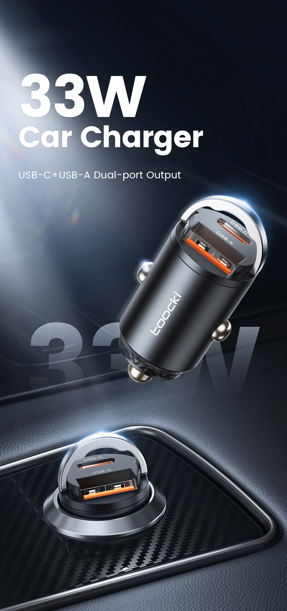 Toocki TQ-CC34A mini autós töltő USB-C / USB-A portokkal - 30W - fekete