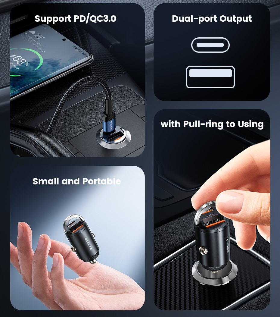 Toocki TQ-CC34A mini autós töltő USB-C / USB-A portokkal - 30W - fekete Toocki TQ-CC34A mini autós töltő USB-C / USB-A portokkal - 30W - fekete