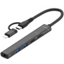 OTG-019Y 5 az 1-ben hub - 3,5 mm-es jack / 2x USB-C / 2x USB-A - USB-C-hez / Lightning - sötétszürke