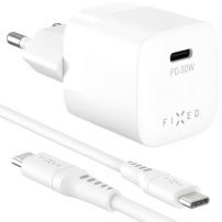 FIXED Mini GaN adapter szett USB-C porttal és USB-C - USB-C kábellel - 30W - 1,2 m - fehér