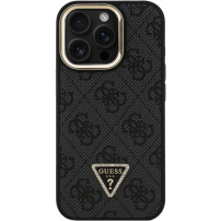 Guess 4G Strass Triangle Logo szilikon tok kihajtható állvánnyal és MagSafe funkcióval iPhone 16 Pro Max készülékhez - szürke
