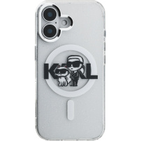Karl Lagerfeld IML Glitter Karl and Choupette Sketch csillogó MagSafe tok iPhone 16-hoz - ezüst
