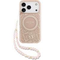 Guess IML Flowers Allover Strap tok pánttal és MagSafe funkcióval iPhone 17 Pro készülékhez - rózsaszín