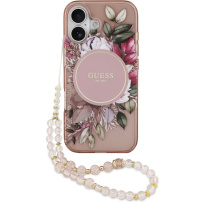 Guess IML Flowers Strap rózsaszín tok pánttal és MagSafe funkcióval iPhone 17-hez