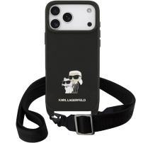 Karl Lagerfeld Saffiano Crossbody Metal Karl and Choupette tok állítható pánttal iPhone 17 Pro készülékhez - fekete