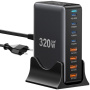 ESSAGER YMX-320W GaN gyorstöltő adapter 4x USB-C / 4x USB-A porttal - 320W - fekete