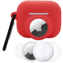 3 az 1-ben szilikon tok és védőfólia szett az elülső és hátulsó oldalra AirPods Pro 3 / AirTag 1 / 2 termékhez - piros