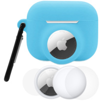 3 az 1-ben szilikon tok és védőfólia készlet az elülső és hátulsó oldalra AirPods Pro 3 / AirTag 1 / 2 készülékhez - világító kék