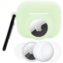 3 az 1-ben szilikon tok és védőfólia készlet az elülső és hátulsó oldalra AirPods Pro 3 / AirTag 1 / 2 számára - világító zöld